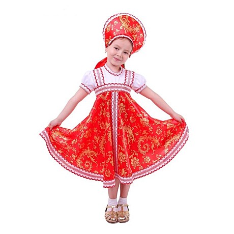 Русский народный сарафан-платье с красно-бежевыми узорами
